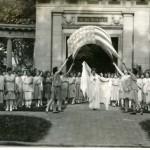 Dancing in front of Oberlin's Memorial Arch; Photograph from the papers of Delphine Hanna